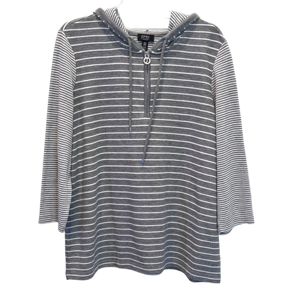 Jones New York Signature Size 1X 1/4 Zip Gray & White Stripe Hoodie